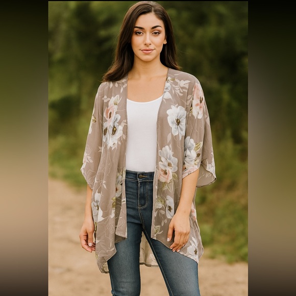 Grey Floral Kimono Cardigan by Emerald - Picture 1 of 8